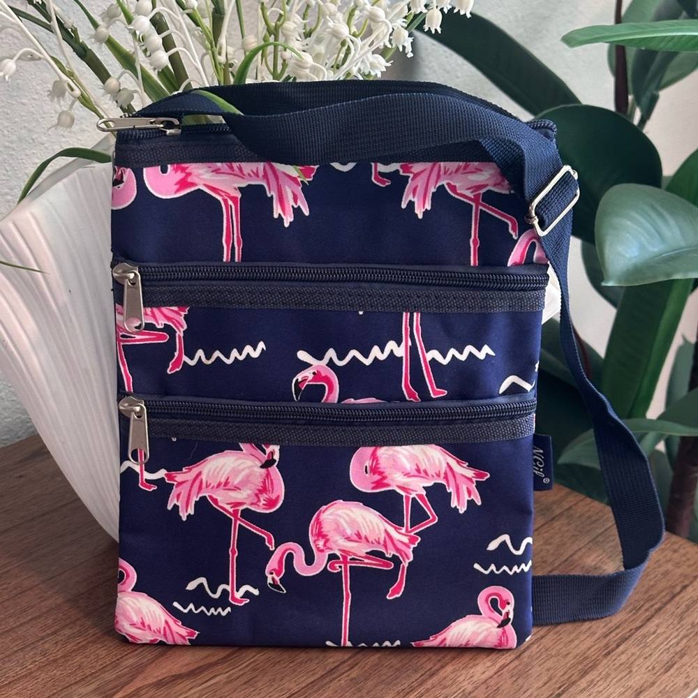 Navy Flamingo Triple Zipper Crossbody Bag - EUC